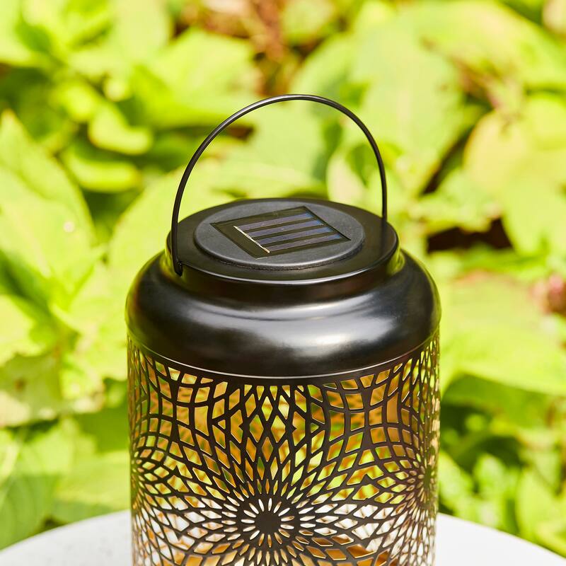 Glitzhome Set of 2 Metal Cutout Solar LED Outdoor Waterproof Hanging Lanterns