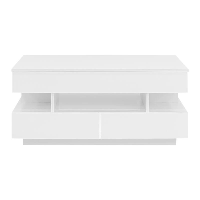 Lift-Top Coffee Table with 2 Drawers, Modern Center Table with Hidden Storage Compartment and LED Lights for Living Room