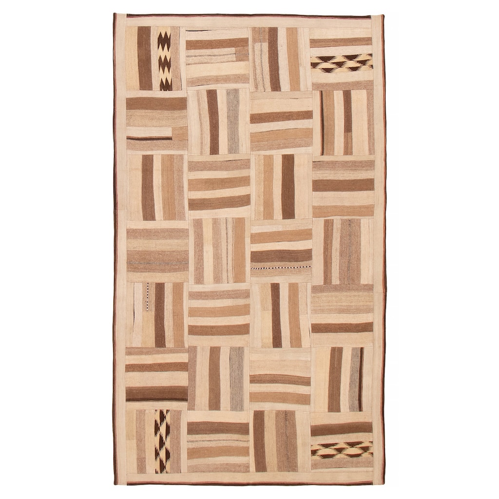 ECARPETGALLERY Flat-Weave Anatolia Patch Ivory Wool Kilim - 5'7 x 9'6