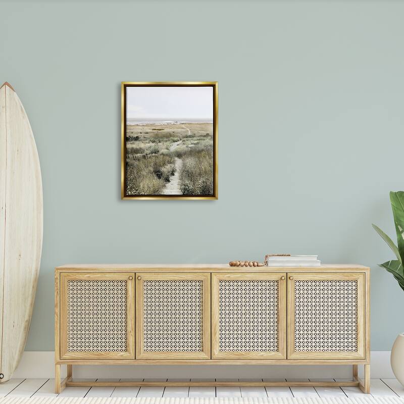 Stupell Distant Shoreline Grassy Beach Path Cloudy Horizon Floater Frame - Green