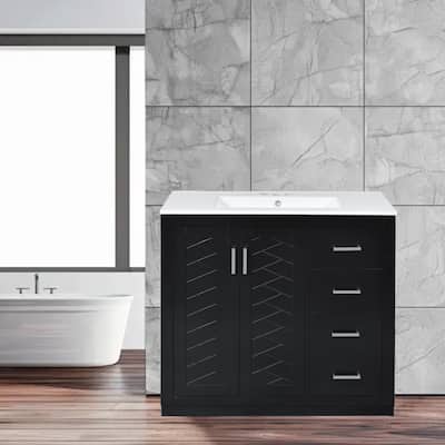 Modern 36-Inch Bathroom Vanity Combo with Ceramic Sink, Solid Wood Cabinet, 3 Drawers & Soft-Close Doors