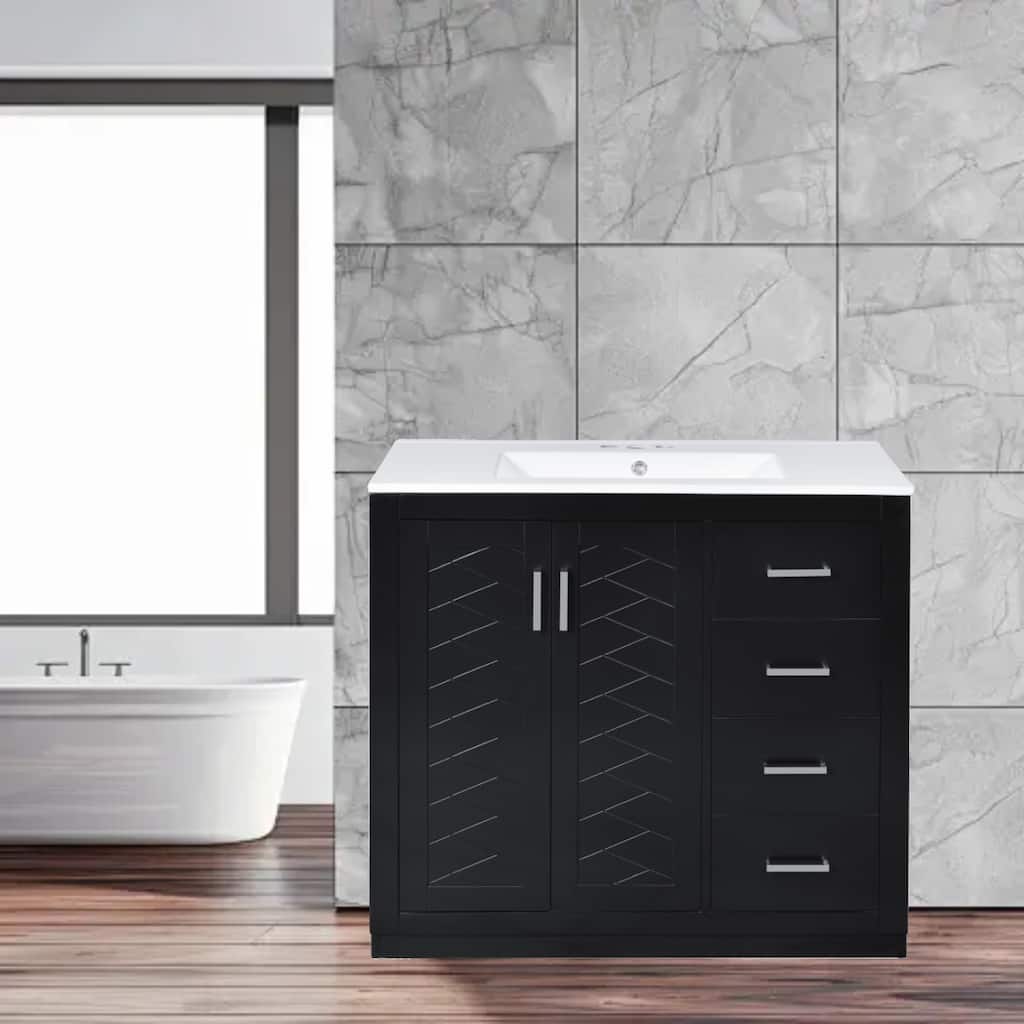 Modern 36-Inch Bathroom Vanity Combo with Ceramic Sink, Solid Wood Cabinet, 3 Drawers & Soft-Close Doors