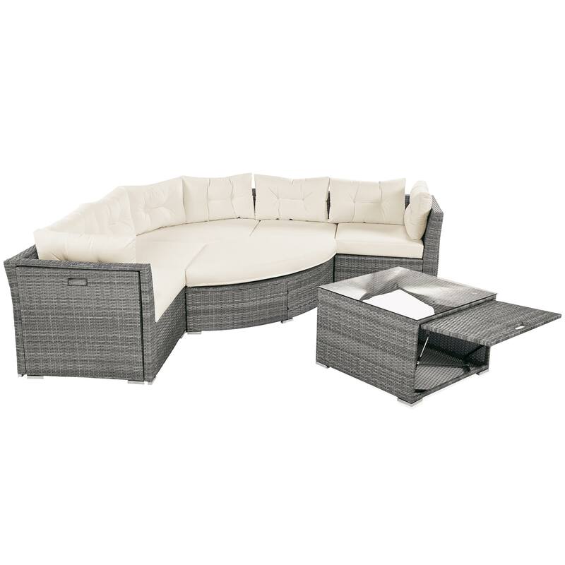 Outdoor Wicker Curved Daybed Sectional Sofa Set with Storage Table