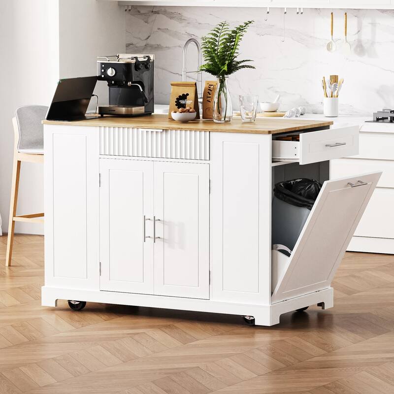 Fluted Kitchen Island with Trash Can Storage and Power Outlet - White