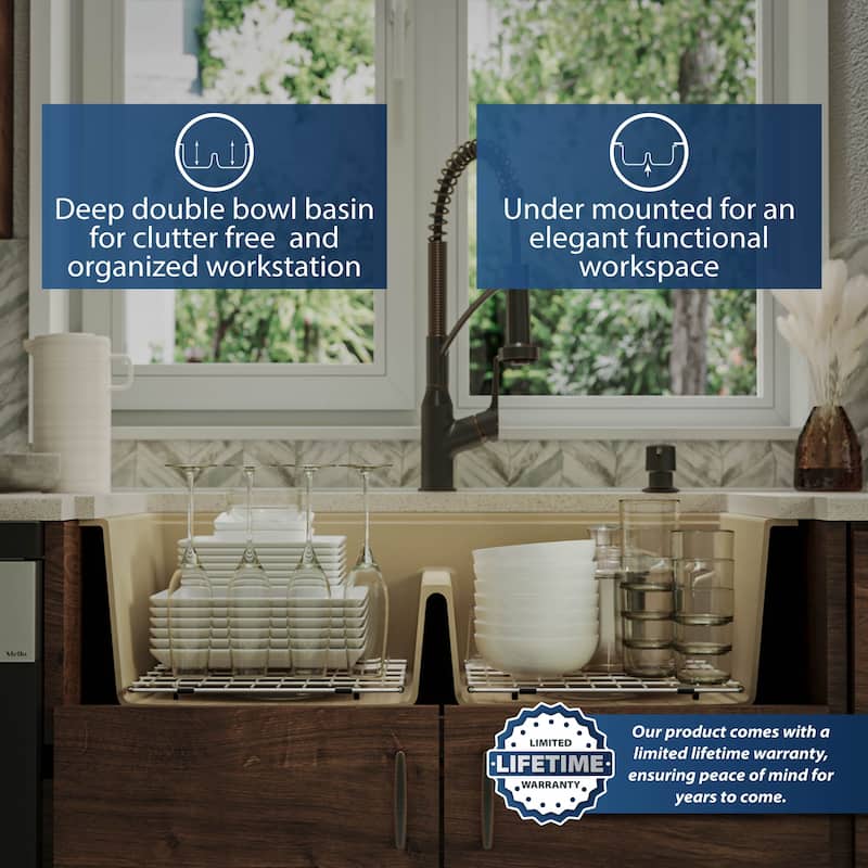 Karran QUWS-880 Undermount 32-1/2 in. Double Equal 50/50 Bowl Workstation Kitchen Sink