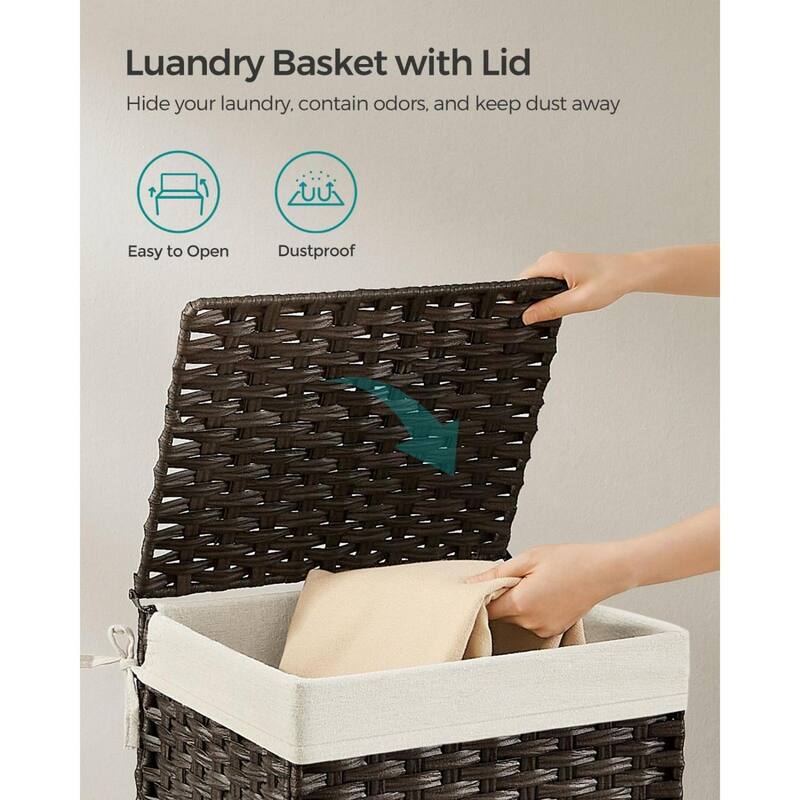 Portable Wicker Basket with Lid Waterproof Foldable Laundry Hamper with Washable Liner and Cut-Out Handles