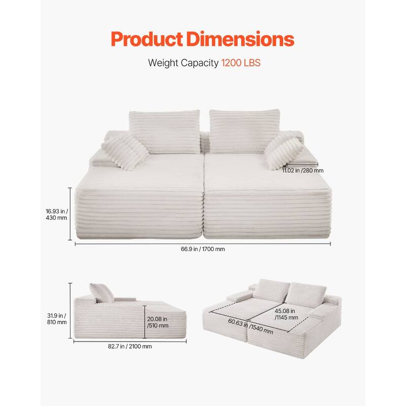 Beige Corduroy Loveseat Sofa with Deep Seat 2-Seater Couch for Living Room or Office Use - 82.7" W x 66.9" D x 31.9" H