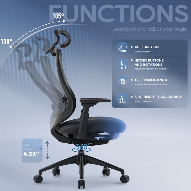 Ergonomic Office Chair, Mesh High Back, 4D Arms, Lumbar Support, Tilt Lock, Black