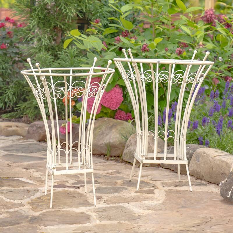 Set of 2 Round Iron Trellis Garden Stands "Stephania" - Antique White
