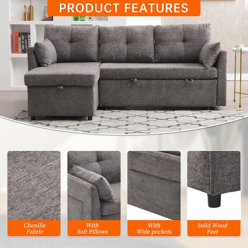Corduroy/Chenille Upholstered L-Shaped Storage Reversible Chaise Sectional Sofa with Side Pocket
