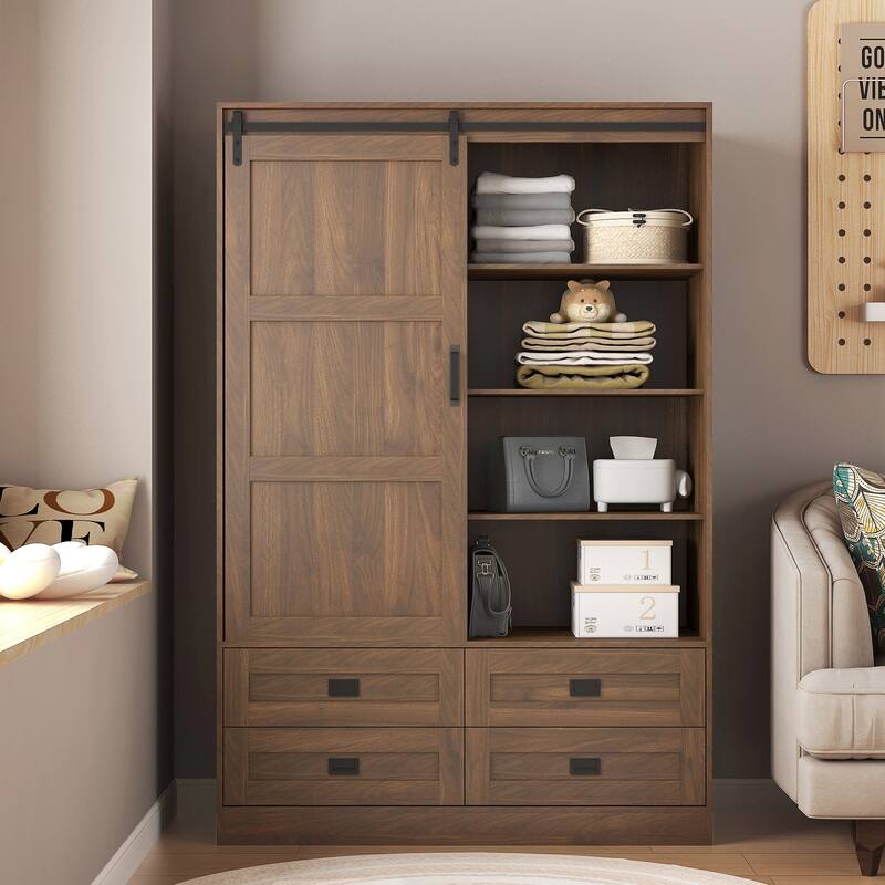 Armoire Wardrobe Closet, Wardrobe Cabinet with Sliding Barn Door, 4 Drawers,Adjustable Shelves & Hanging Rod