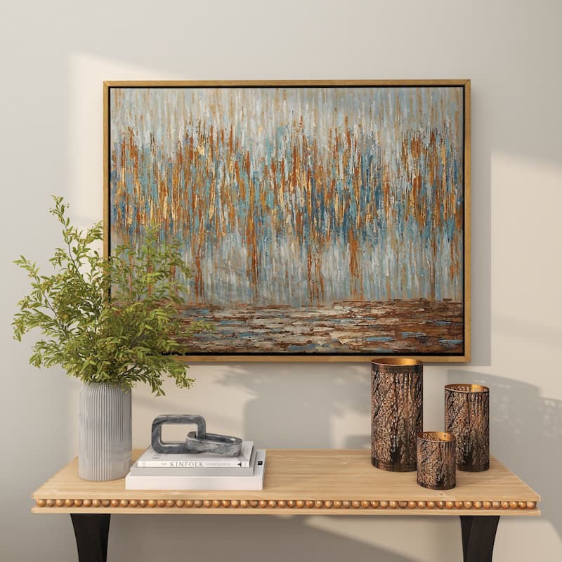 Canvas Tree Abstract Framed Wall Art with Gold and Copper Accents - Blue - Roche River Decor