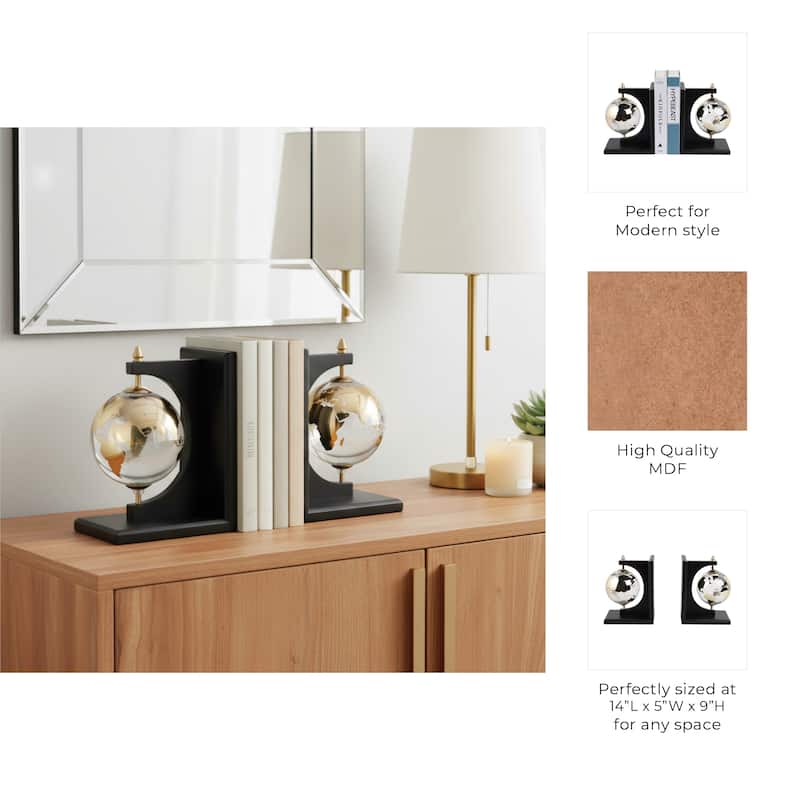 Decorative Glass and Metal Globes Bookends - Set of 2", 9", Black - 14.0"