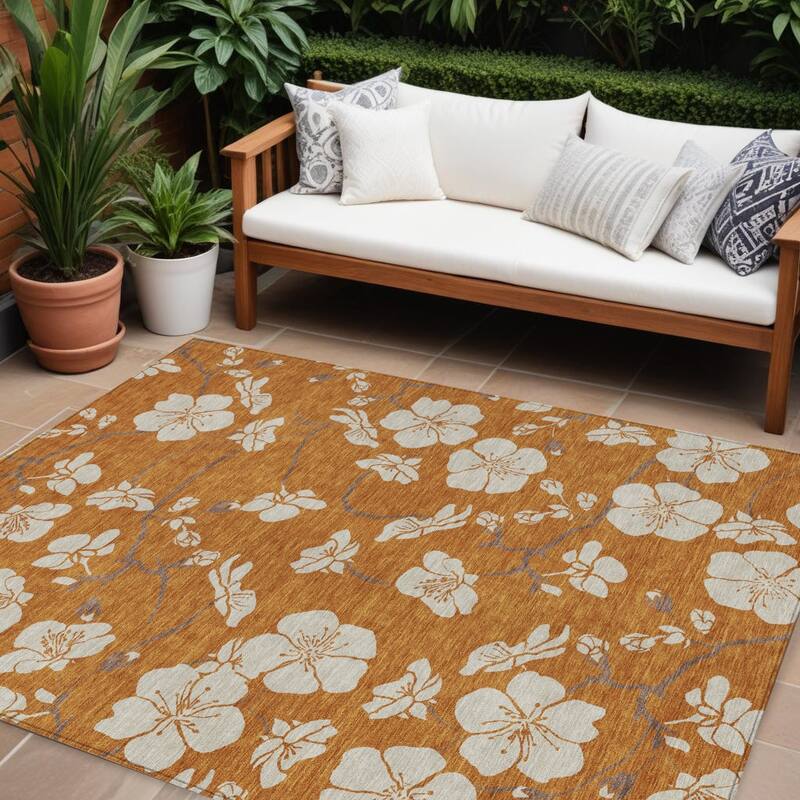 HomeRoots Floral Transitional Rectangle Outdoor Rug - 10' X 14'