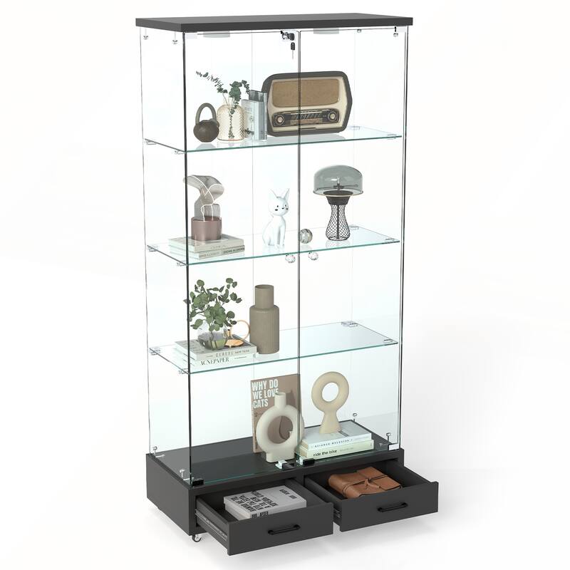 Modern Glass Display Cabinet with Large Drawer for Living Room and Bedroom