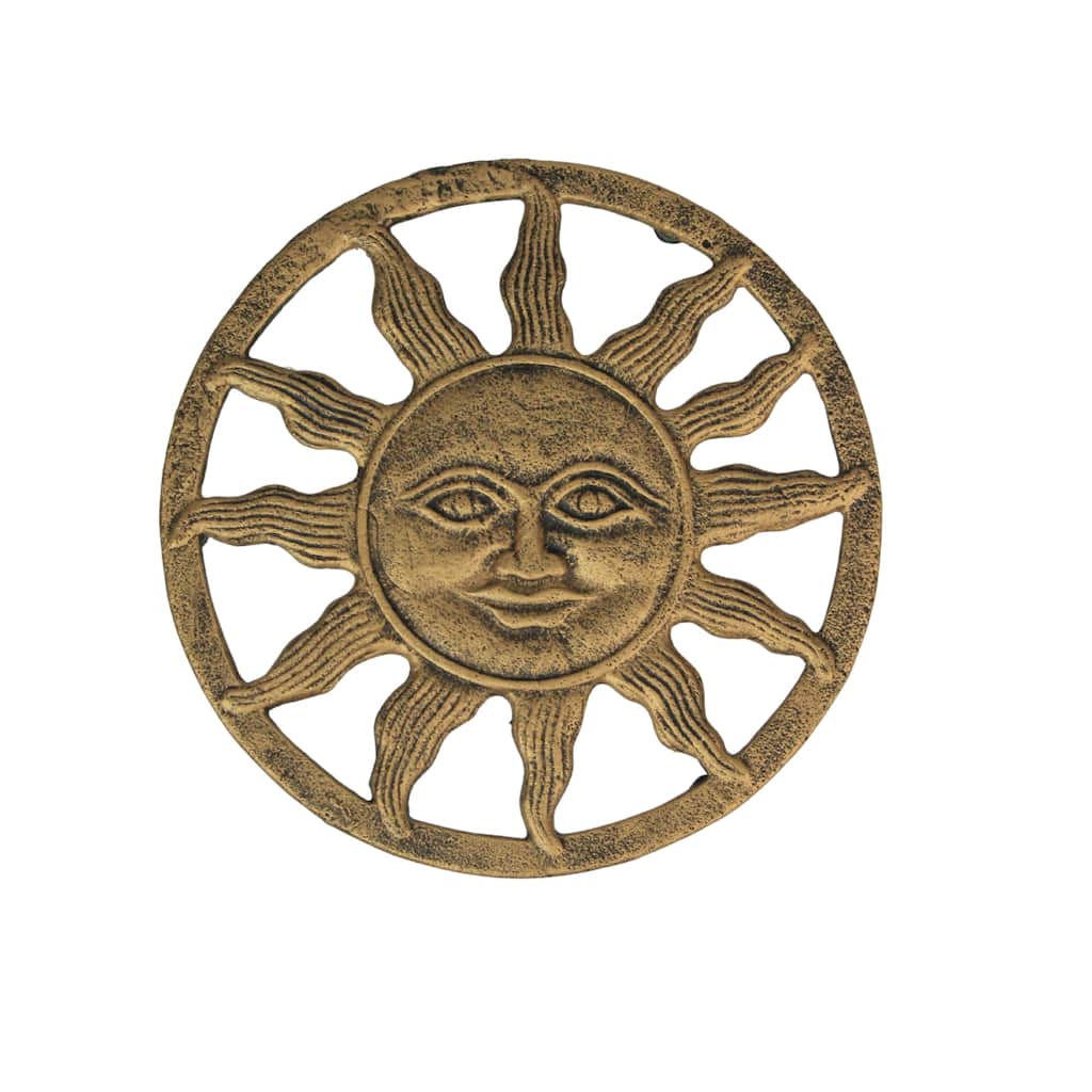 Cast Iron Sun Face Trivet Distressed Gold Finish, Heat-Resistant - 7.75 X 7.75 X 0.75 inches
