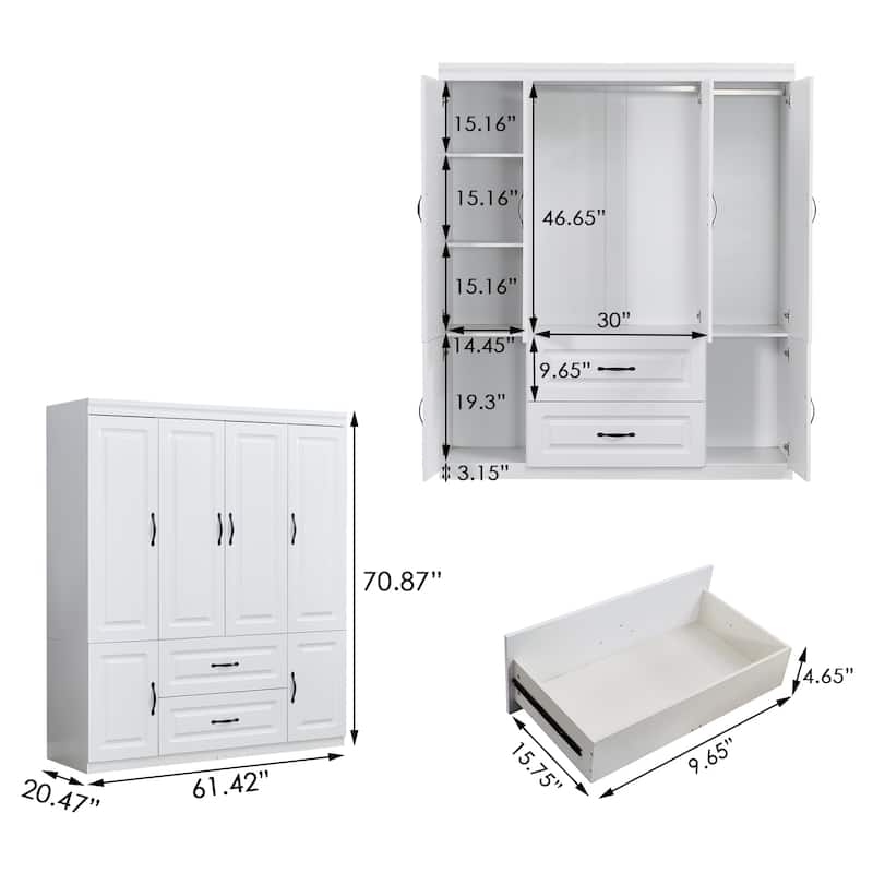 4 Door Armoire Wardrobe Closet with Drawer and Hanging Rod, Wooden Black Bedroom Armoire Closet, 70.87" H x 61.42" W x 20.47" D