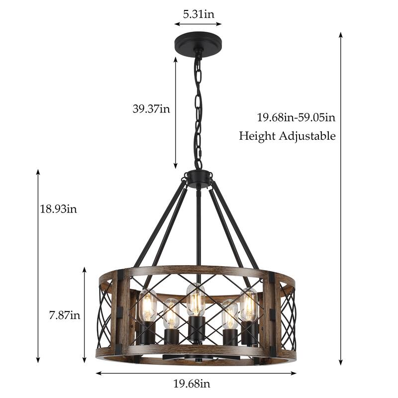 5-Light Rustic Drum Chandelier for Living Room Kitchen with No Bulbs Included