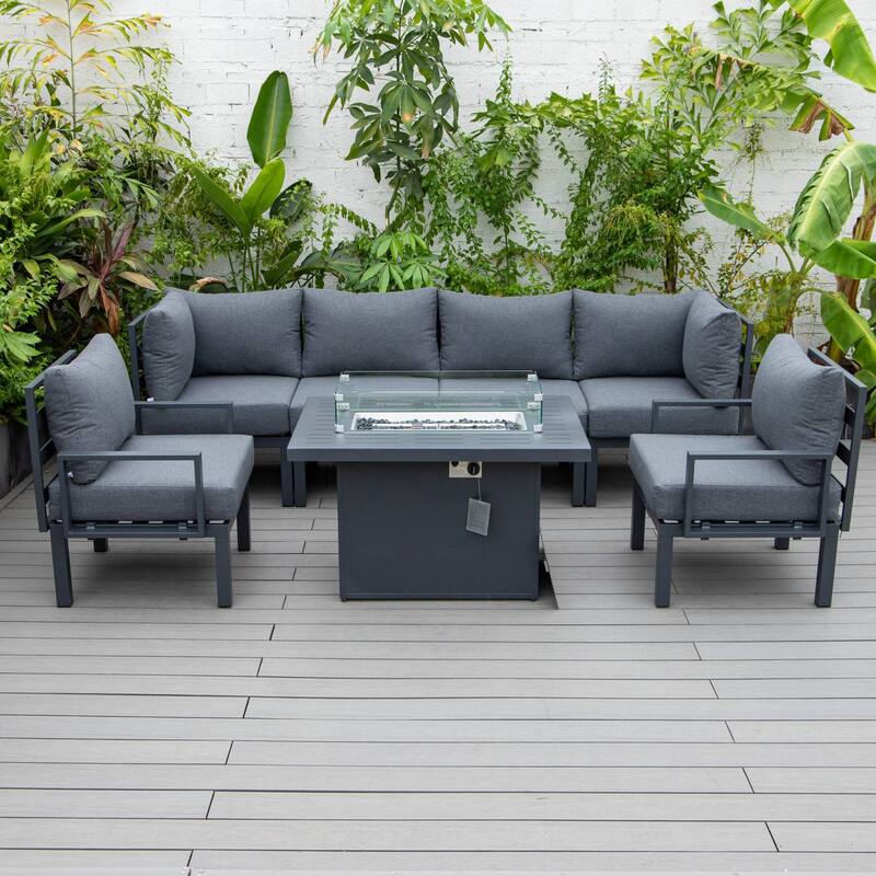 Outdoor 7-Piece Patio Sectional Set Aluminum Frame W/ Fire Pit Table