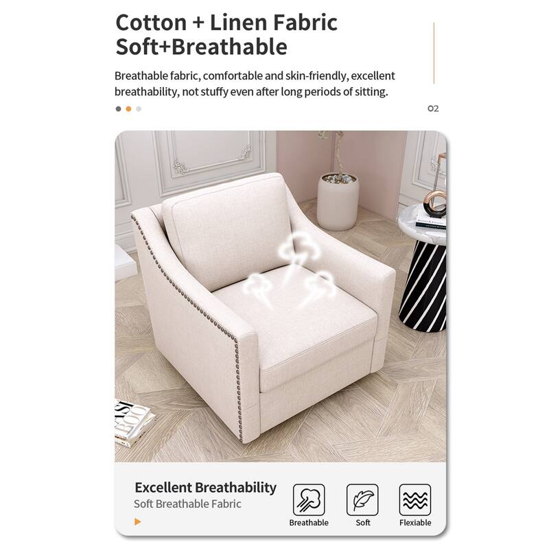 Oversized Swivel Accent Chair, Cotton Linen Fabric Upholstered Armchair, Single Sofa Chair with Brass Nailhead Trim