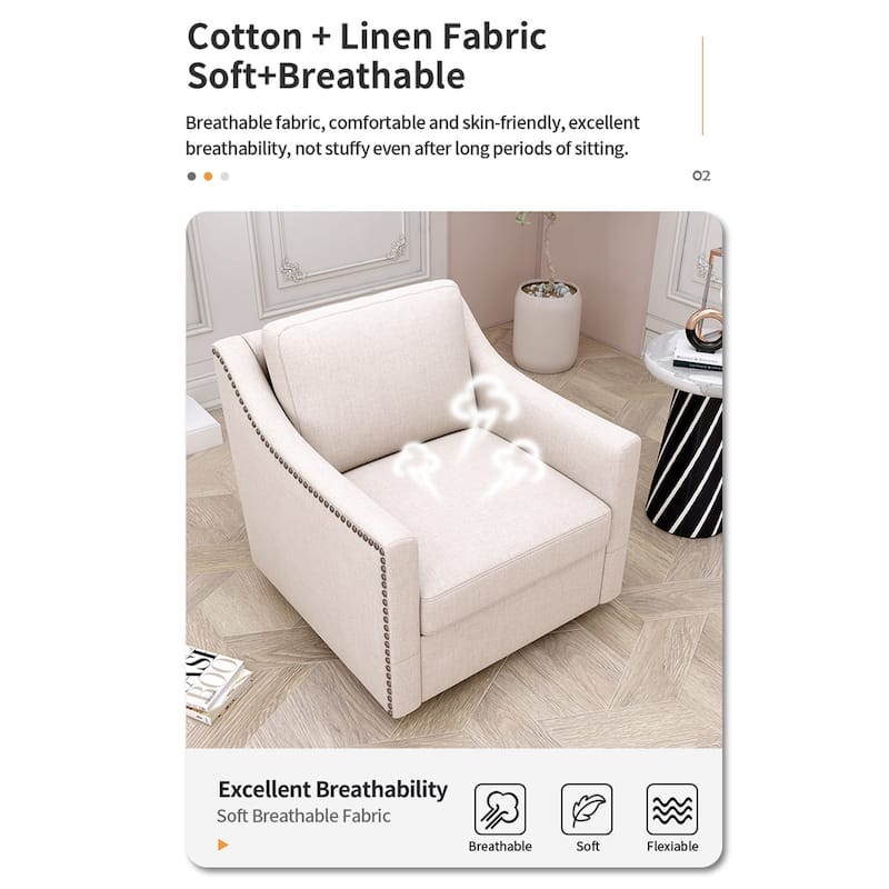 Swivel Barrel Chair, Linen Upholstered Accent Armchair with Ergonomic Design & Brass Nailhead Trim for Living Room, Bedroom