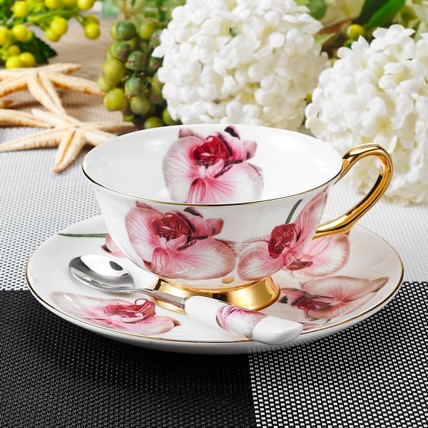 Set of 6 Colorful Porcelain Espresso Cups and Saucer Set - 2 oz, Gold Floral, Size: 2.25 x 3 x 2.25