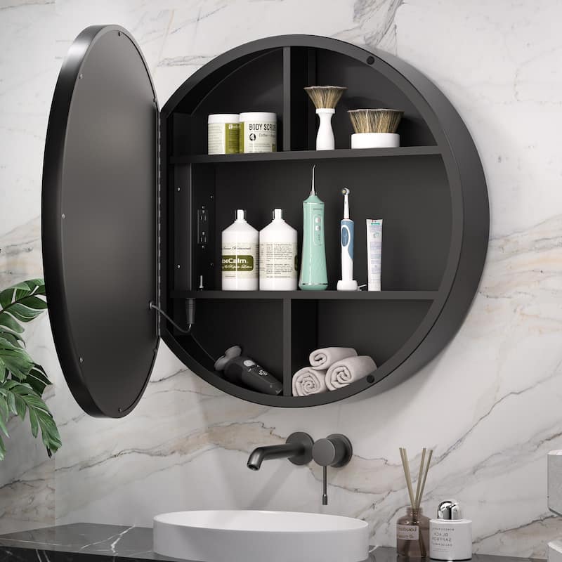 Keonjinn LED Metal Framed Round Medicine Cabinet with Mirror for Vanity, 3 Color Temperatures