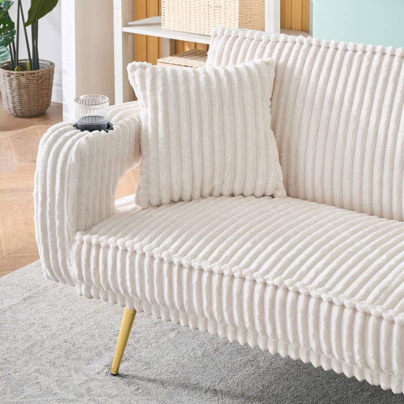 Three-gear Adjustable White Corduroy Sofa with 2 Throw Pillows for Living Room and Study