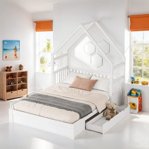 slide 2 of 16, Wood Queen Size House Shaped Platform Bed with 2-Drawers and Guardrail, White White