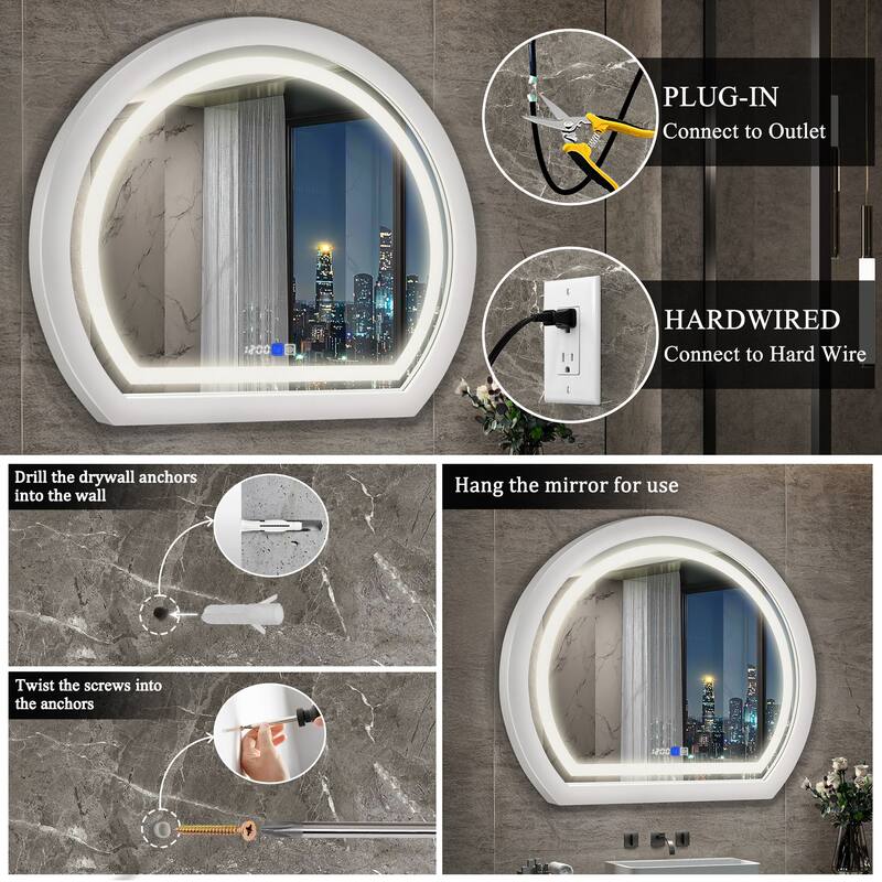 Arched Black Framed LED light Anti-fog 3 Colors Dimmable Wall Mirror - 27.6x23.6