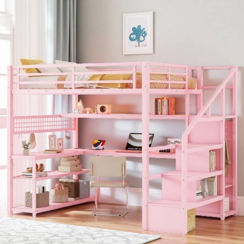 Full Loft with Built-in Desk, Closet, Stair Storage, LED Lighting & USB Charging Hub - Pink