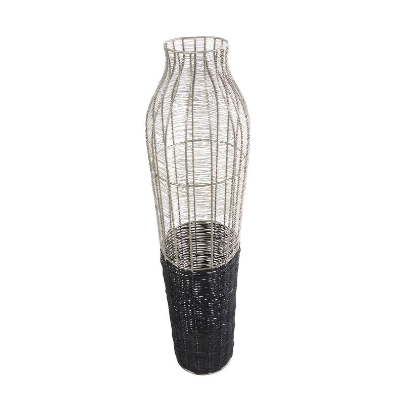 Silver Metal Tall Vase with Woven Black Rattan Base
