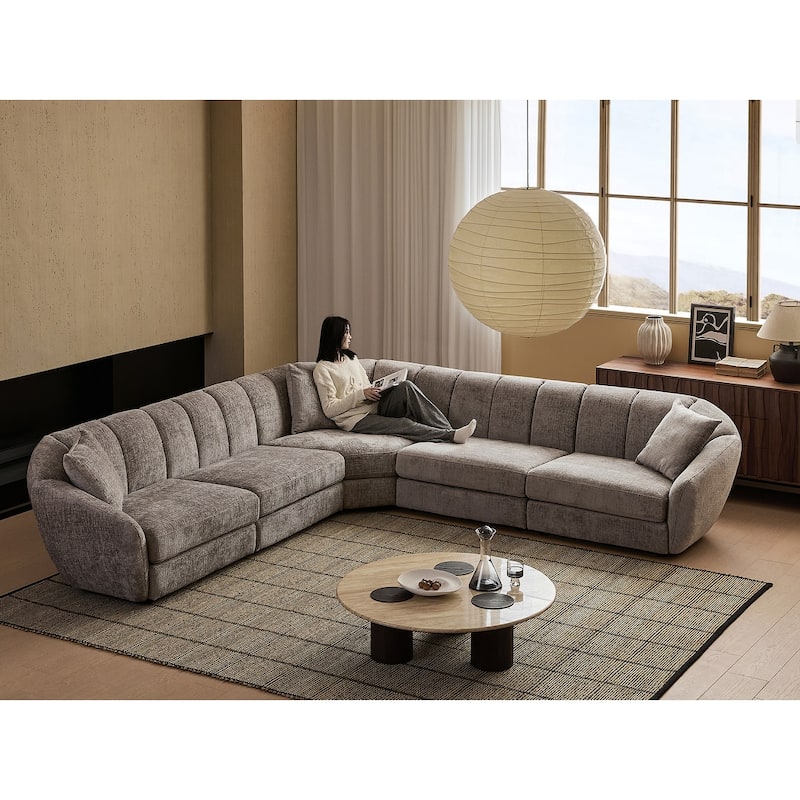 Slope Arm Chenille Fabric Rectangle Sectional Sofa Scallop Sofa - 5 Sests (V Shape) - Dark Grey