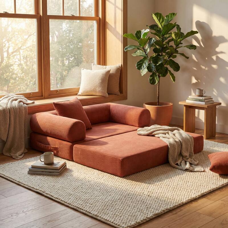 Homylin Convertible Foldable Sofa Bed with Metal Frame, Corduroy 2-Seat