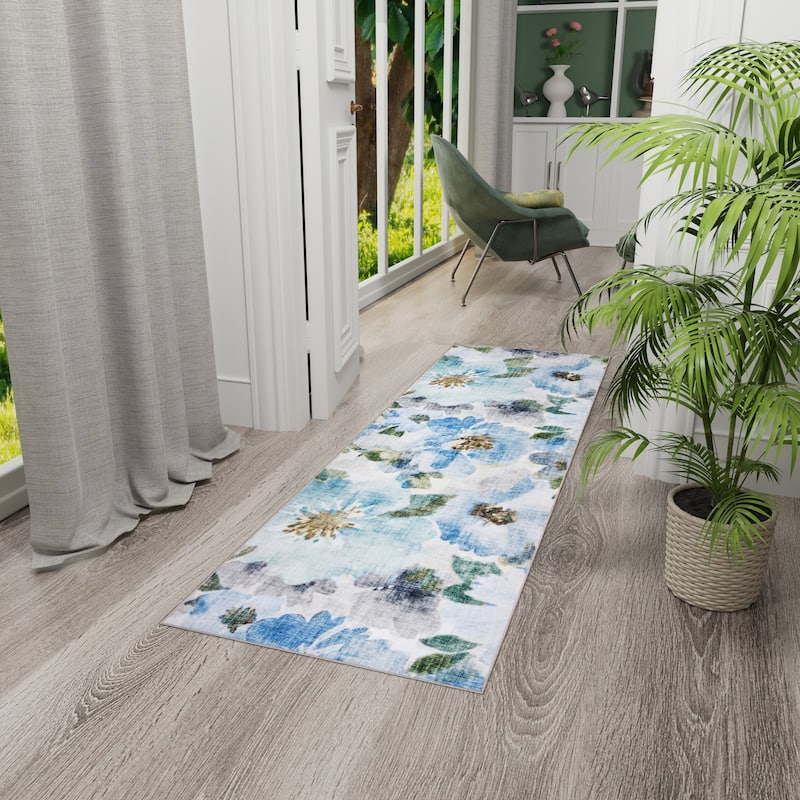 Licensed HGTV Everyday Chic Soft Flannel Zero Pile Printed Non-Slip Washable Indoor Area Rug - Jania Blue - 2'2"x6'