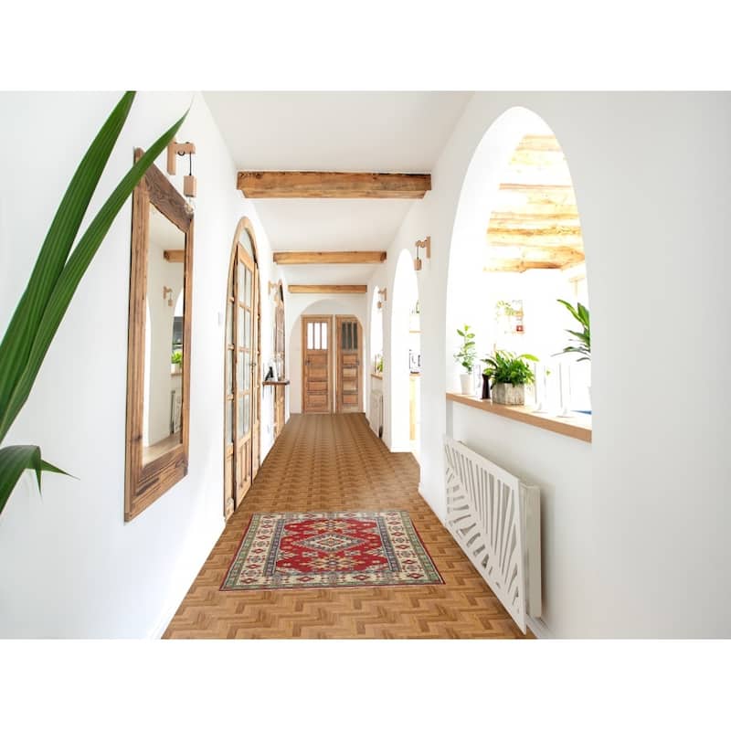 Red Geometric Kazak Foyer Rug Handmade Traditional Wool Carpet - 2'10" x 4'1"