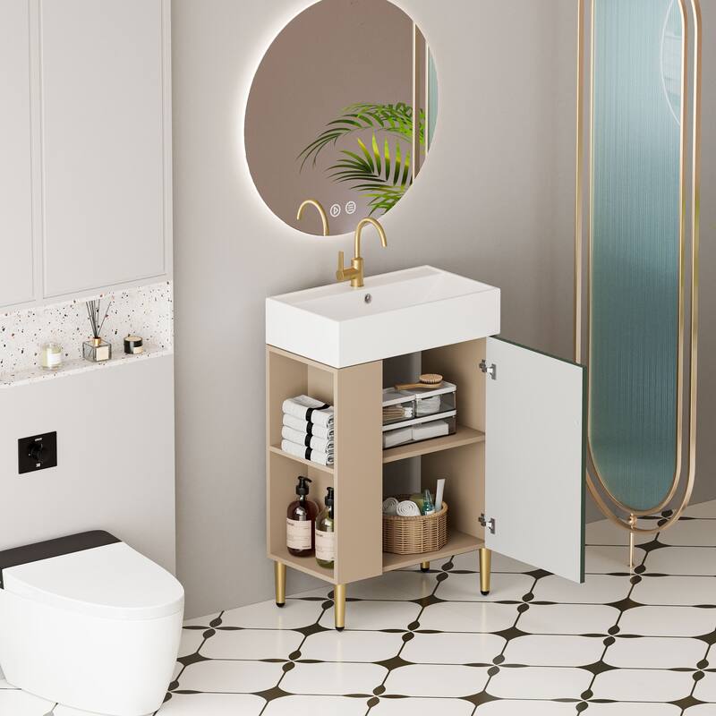 Compact White Bathroom Vanity with Ceramic Sink, Soft-Closing Cabinet, and Brushed Copper Accents for Small Spaces