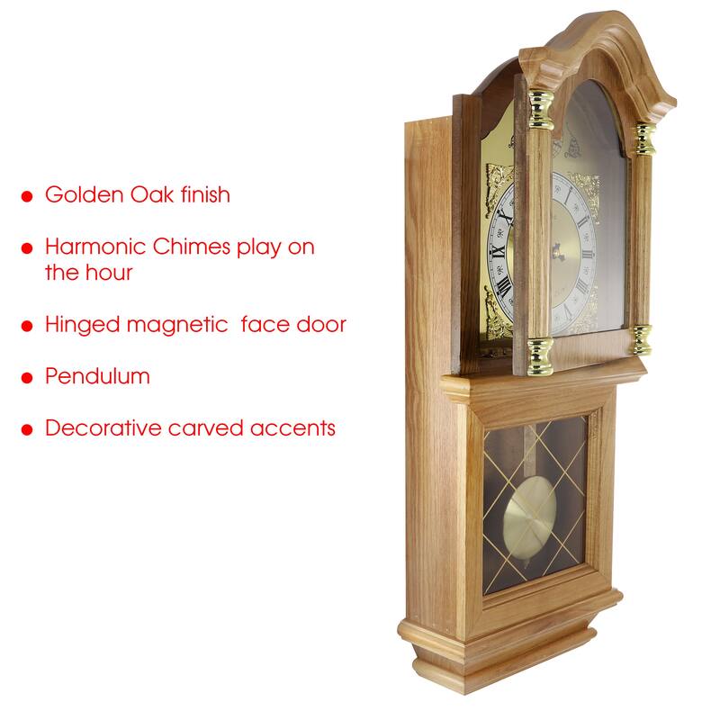 Febbio Gilded Classic 26" Decorative Wall Clock with Pendulum in Gold Oak