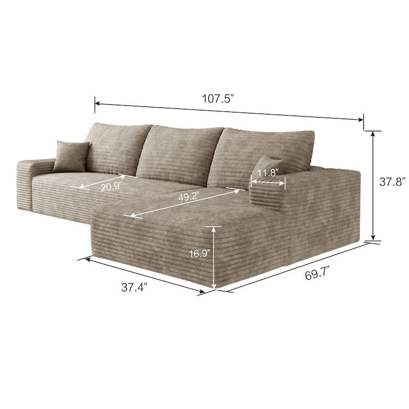 107" Cloud Chaise Sectional Sofa, Ergonomic Seat Tool-Free Assembly