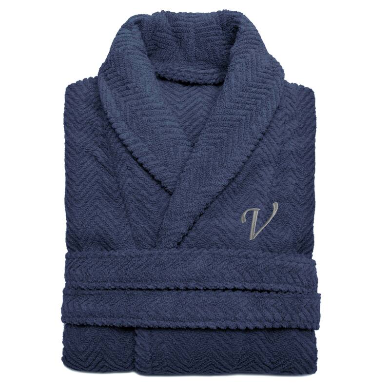 Authentic Hotel and Spa Midnight Blue with Grey Monogrammed Herringbone Weave Turkish Cotton Unisex Bath Robe - S/M - V