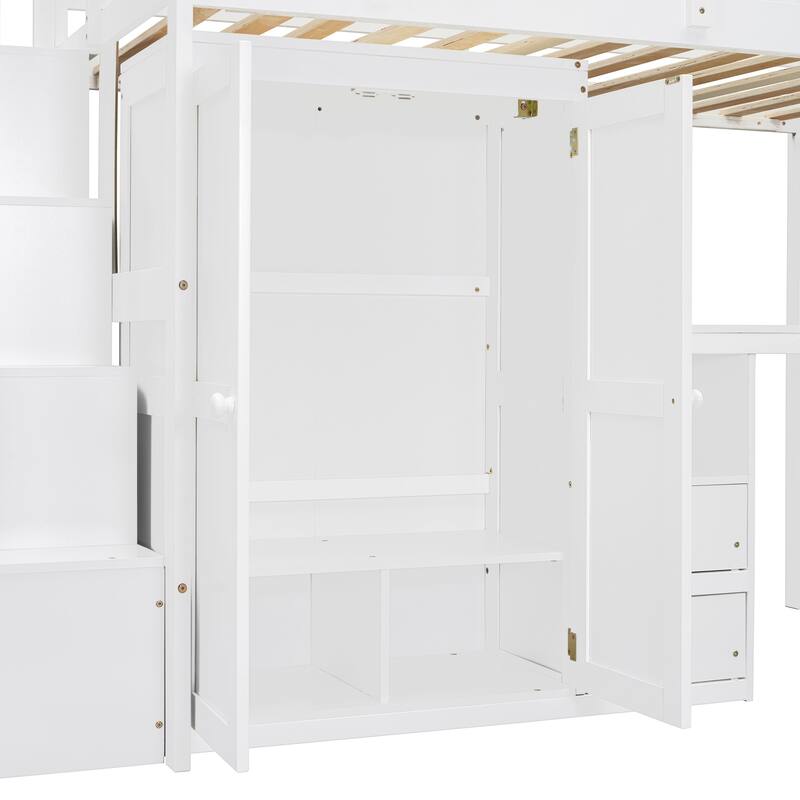 Space-Saving Loft Bed with Shelves Wardrobe, Movable table & Side Desk, Wooden Twin Bed Frmae wiht Storage Stairs & Two Drawers