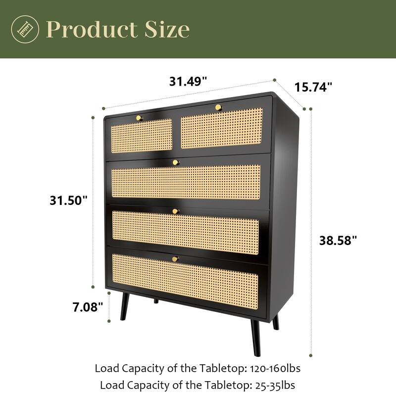 4 Drawer Dresser, Modern Rattan Dresser Chest with Wide Drawers and Metal Handles, Farmhouse Wood Storage Chest of Drawers