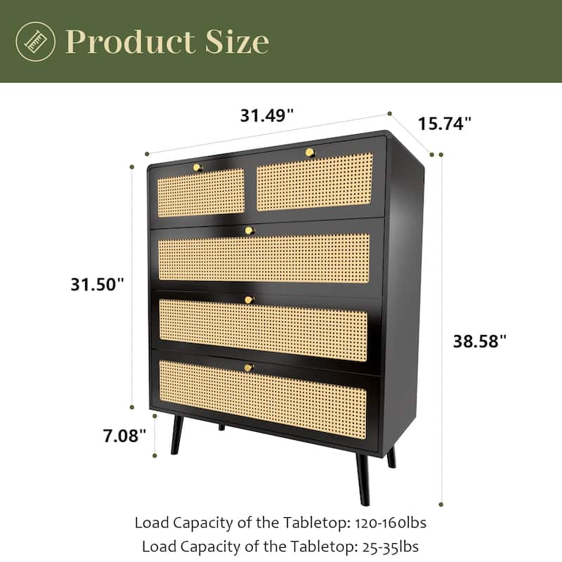 Rattan Dresser Chest with 4 Drawers, Farmhouse Wood Storage Cabinet - 31.50"Lx15.74"Wx38.58"H