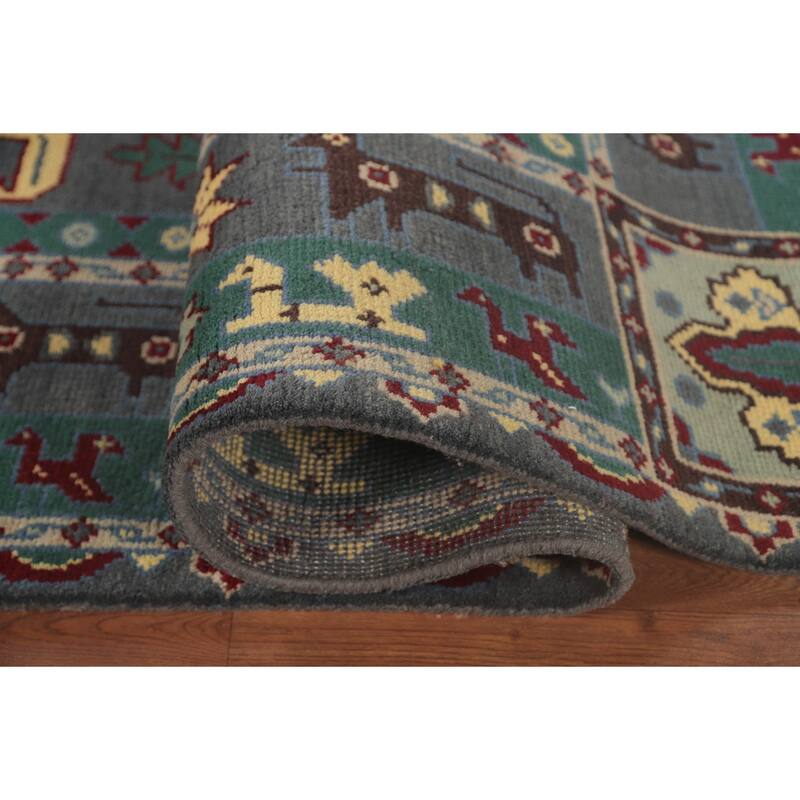 Geometric Grey Kazak Area Rug Handmade Wool Carpet - 8'9"x 11'7"