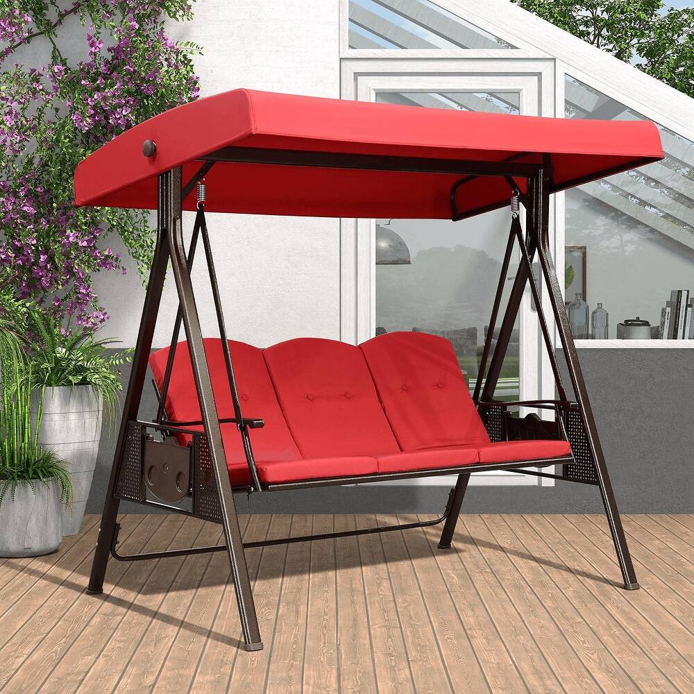 PURPLE LEAF Outdoor Patio Porch Swing with Stand, 3-seat Swing Chair with Adjustable Tilt Canopy All-Weather Steel Frame