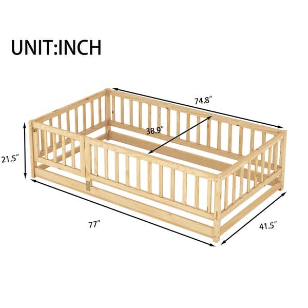 dimension image slide 0 of 2, Twin Size Floor Bed, Montessori Floor Bed with Fence and Door, Kids Montessori Bed Twin Size