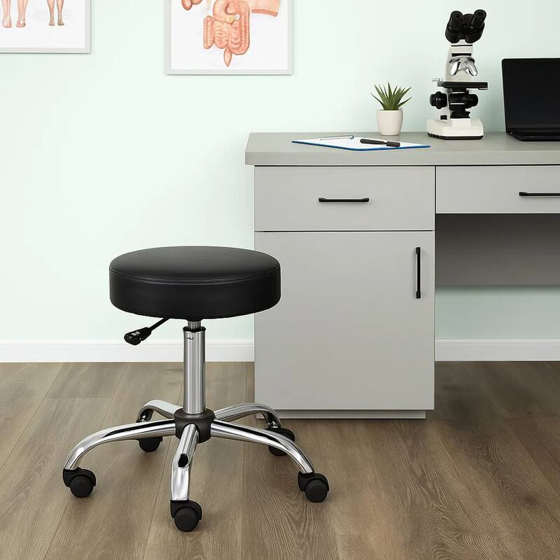 Fea Medical Swivel Stool, Round Black Padded Seat, Rolling Chrome Base