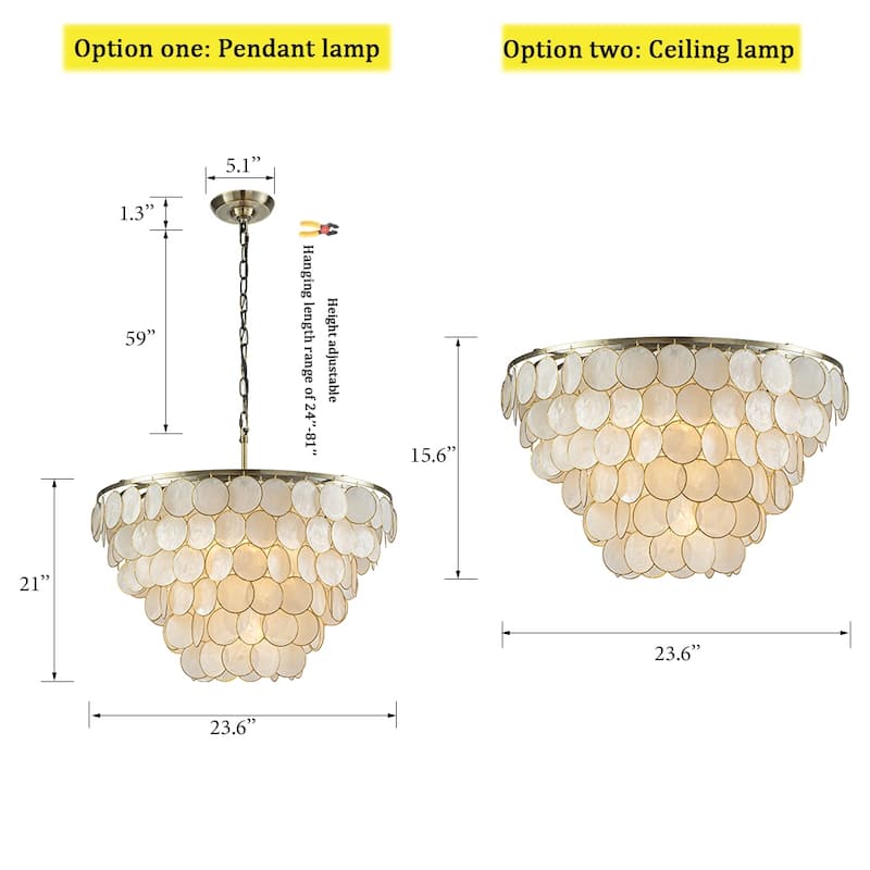 CraftHome 6-Light 24'' Modern Coastal Aged Bronze Natural Capiz Shell Tiered Vintage Glam Chandelier For Dining Room - W24''