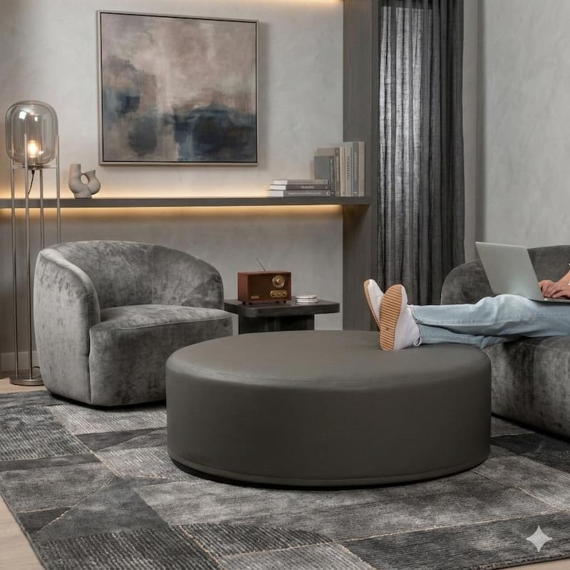 Jaxx Candler Round Couch Ottoman Large Coffee Table & Foot Rest, 44-Inch - Faux Leather Gunmetal