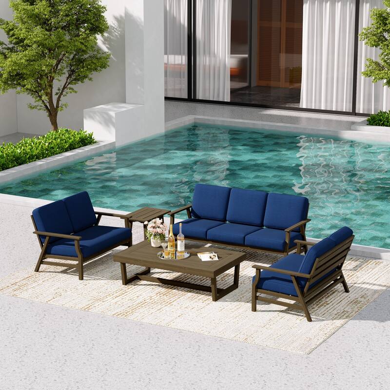 Teak Outdoor Seating Set with Daybed & Tables.